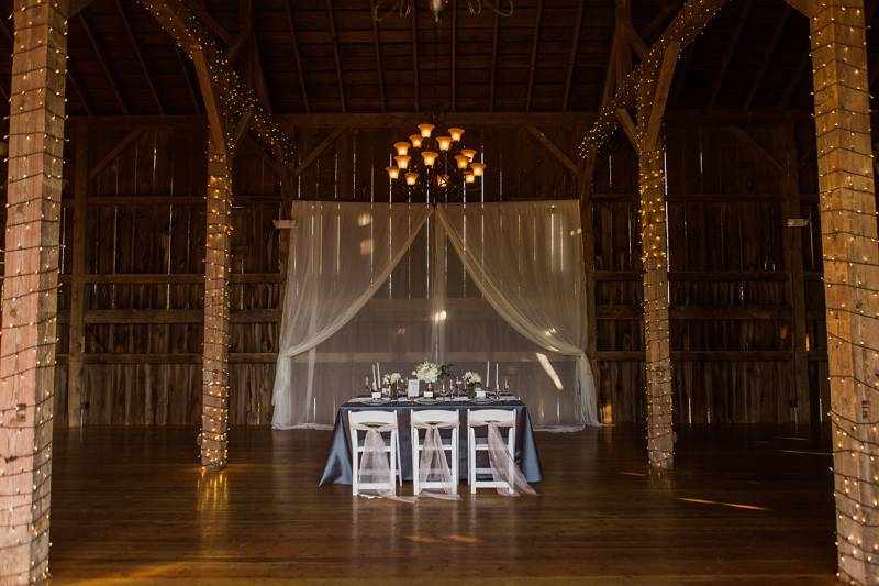 barn wedding, white wedding, white draping decor, blue wedding, light blue