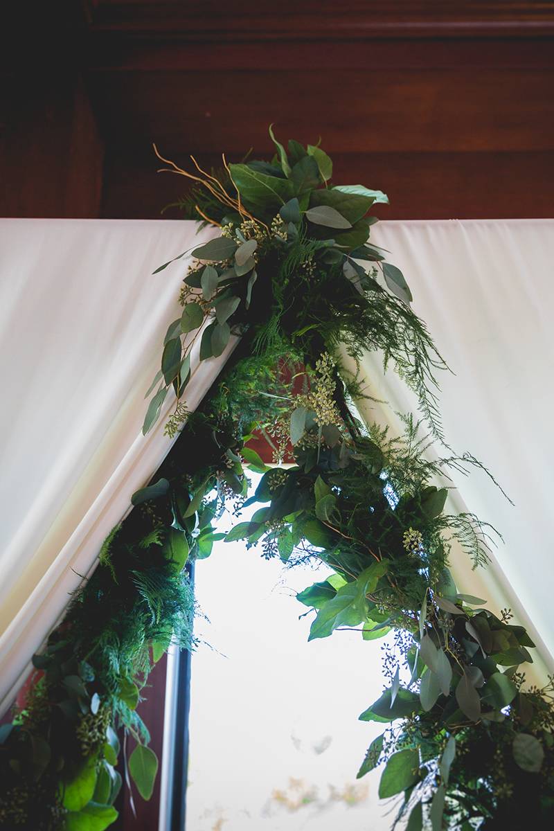 ceremony draping, ceremony greenery, arch, arbor