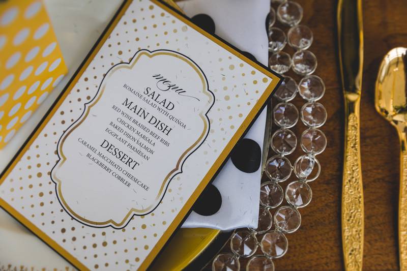 black gold polka dots menu stationery, polka dot linens, polka dot napkins