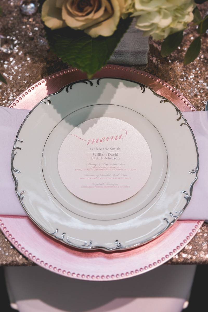 blush rose gold table setting, table settings, wedding design, wedding menu, rose gold chargers