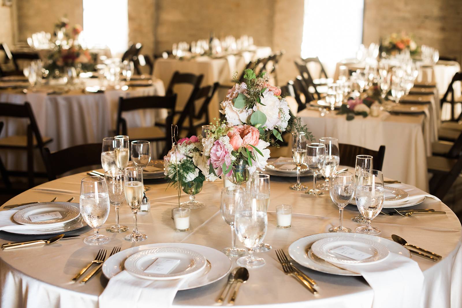 wedding reception table settings, industrial warehouse wedding table centerpieces