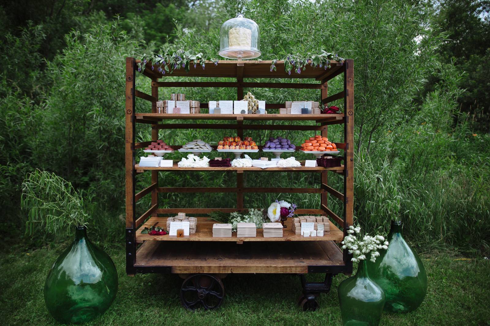 sweets station, guest favor station, soap favors, guest favor ideas, french macarons, white cake