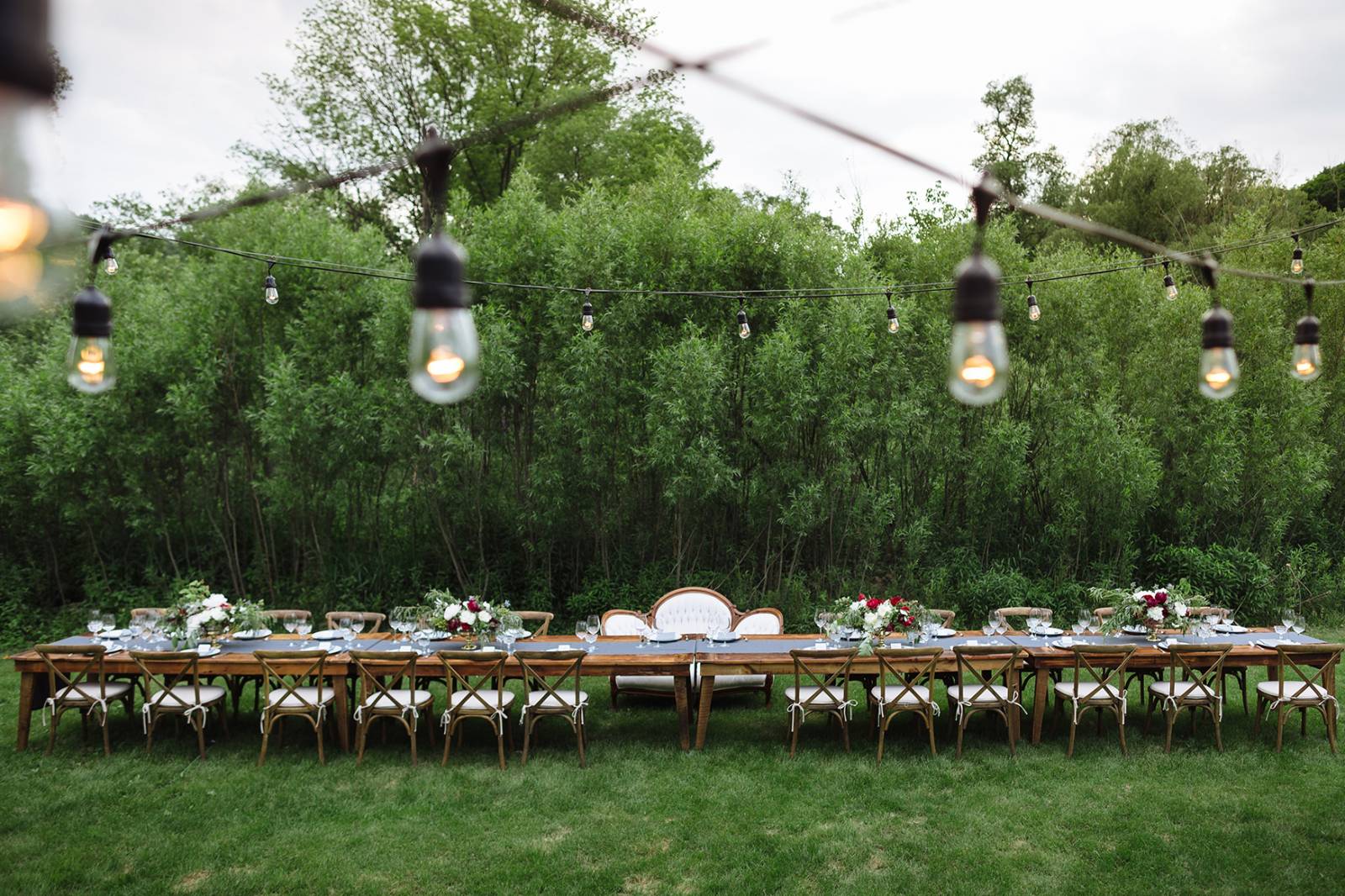 kings table, farm to table wedding reception style, cafe lighting, outdoor reception, french country