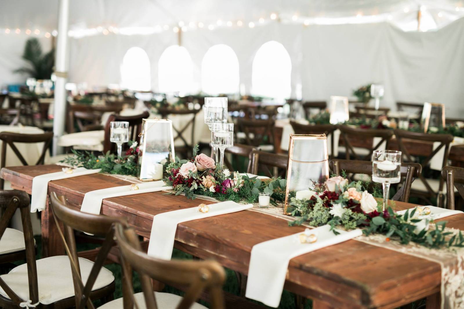 outdoor tent wedding reception, harvest tables, french country chairs