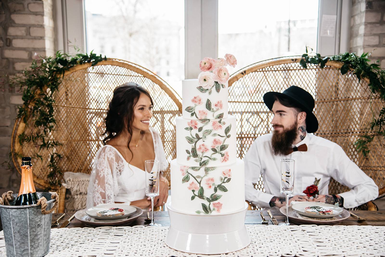 boho wedding, white blush wedding cake