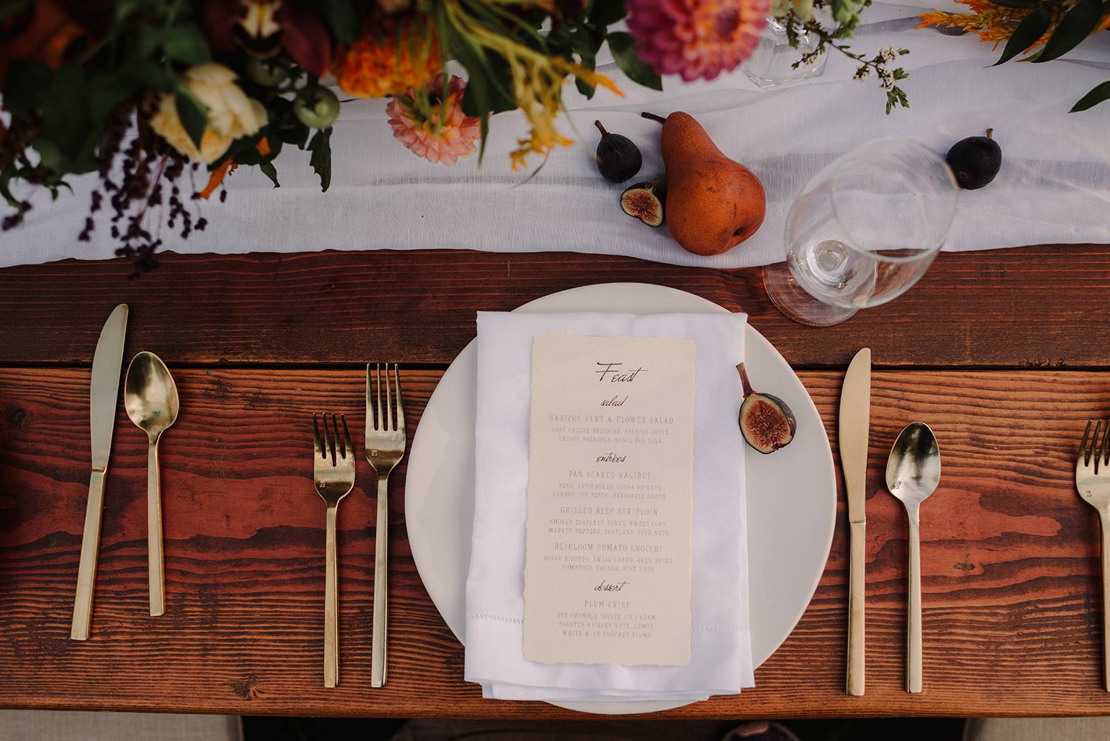 fall autumn harvest table setting figs pears gold flatware