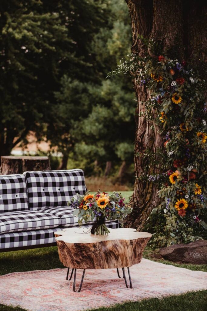 MUSTARD, BLUE + BURGUNDY ECLECTIC COUNTRY STYLED WEDDING SCAPE AT VINTAGE FIELDS AT FARMIN' BETTY'S | MADISON, WISCONSIN WEDDING INSPIRATION