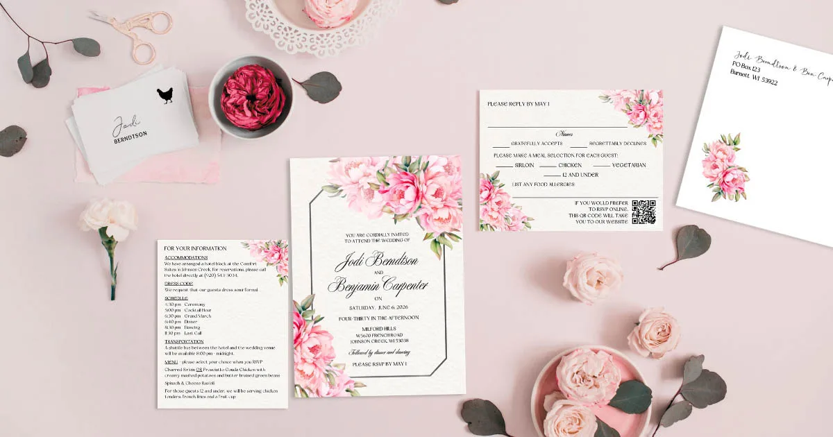 Pink floral wedding invitation suite by The Bride's Secretary, Stevens Point, Wisconsin