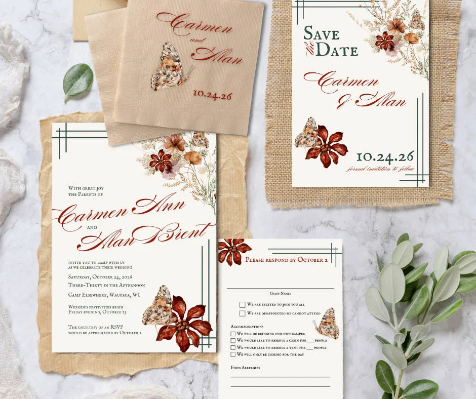 Rustic wedding invitation suite with wildflower and butterfly design on kraft paper, The Bride's Secretary
