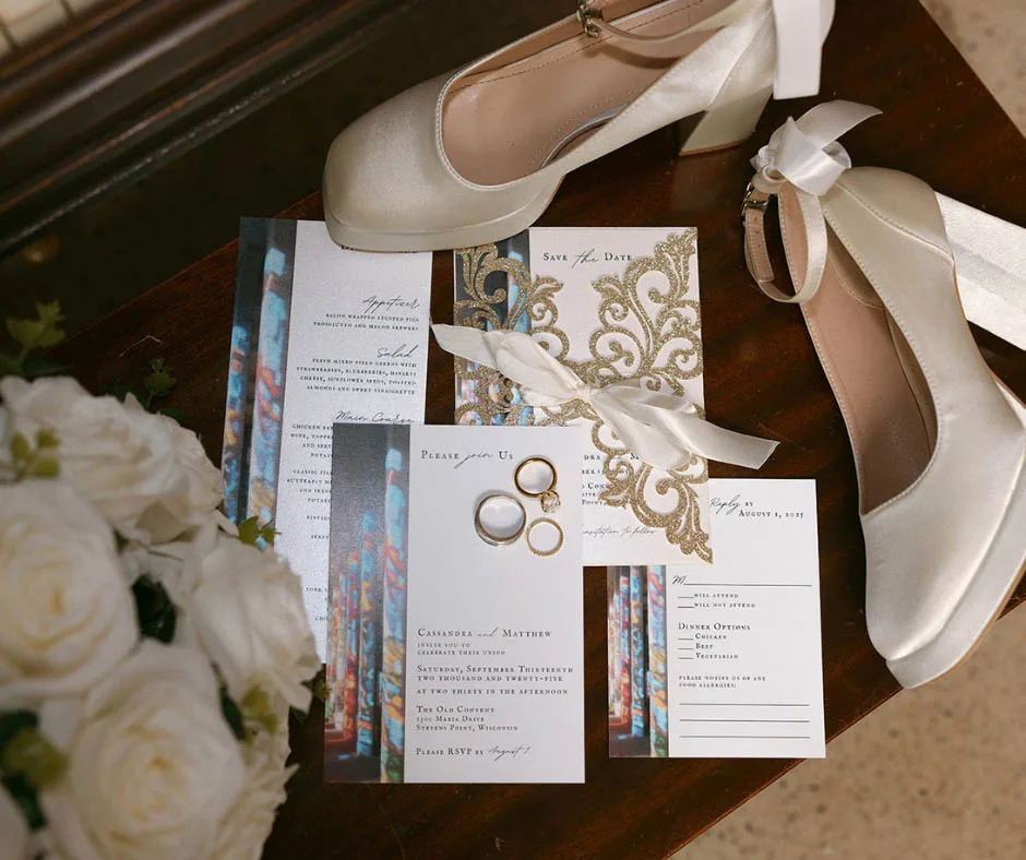 Gold glitter stained glass wedding invitation suite designed by The Bride's Secretary in Stevens Point, WI