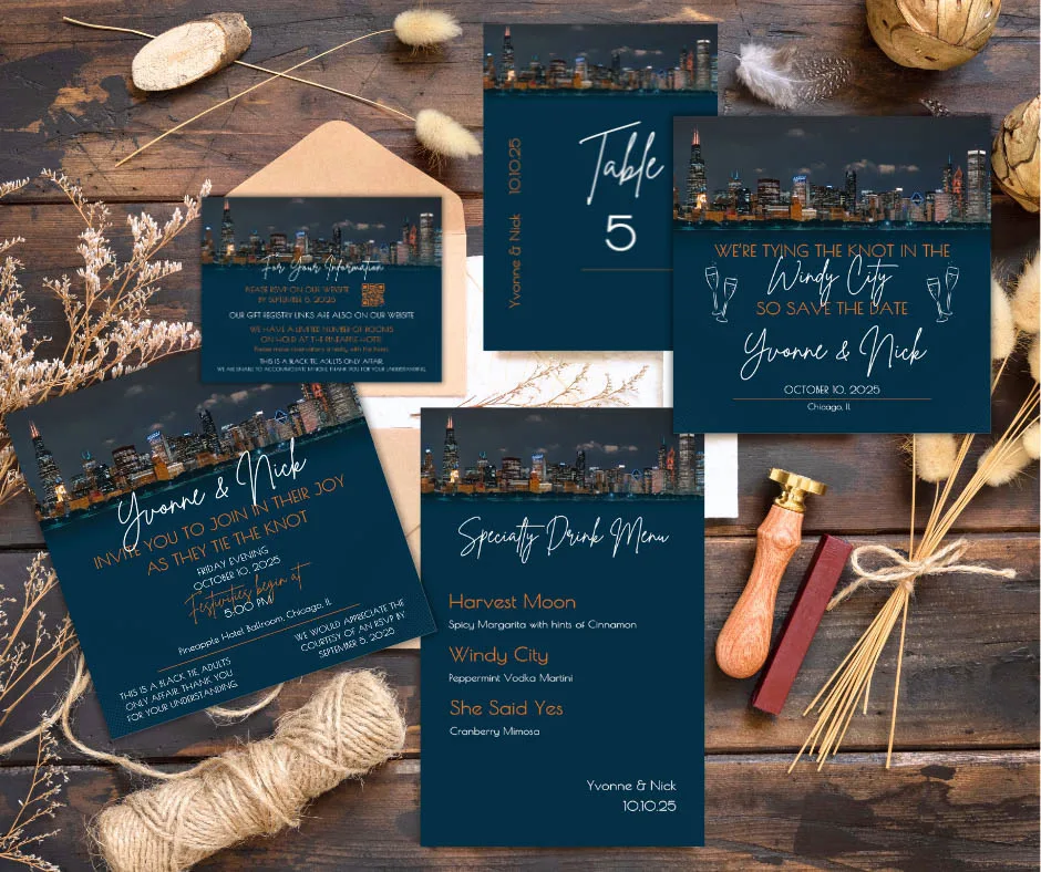 Chicago skyline-themed wedding invitation suite with navy and gold save-the-dates and menu card