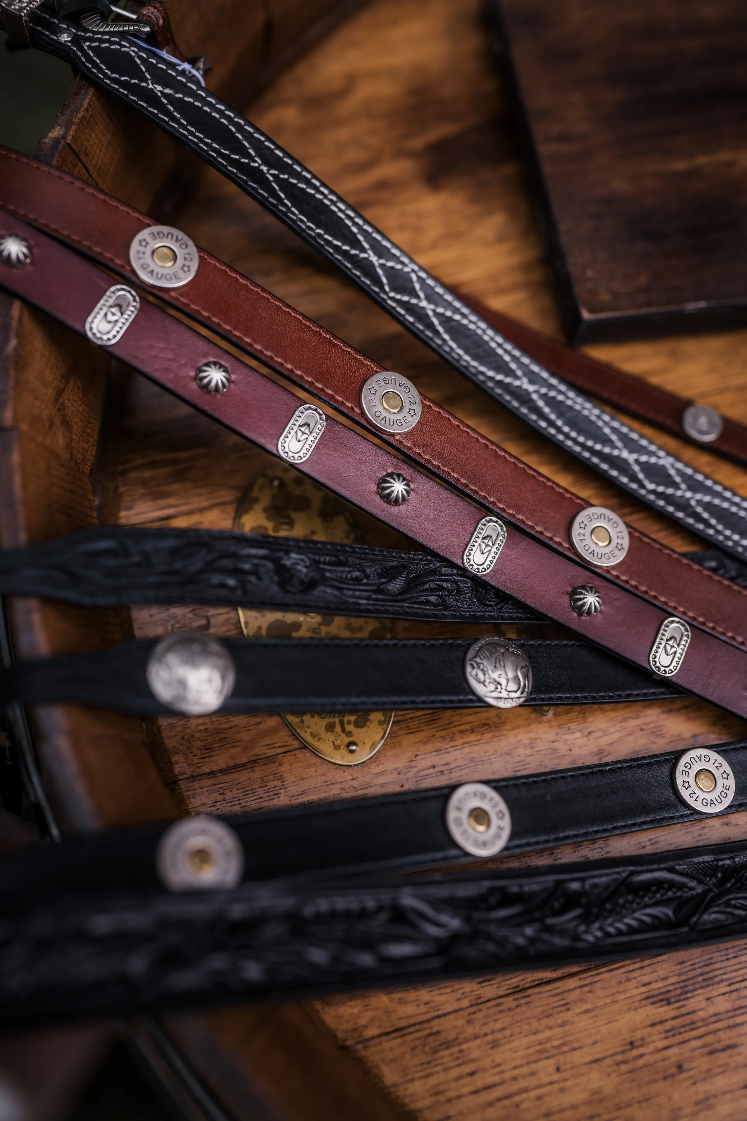 a close-up photo of leather cowboy hat accessories from Hangman Hats