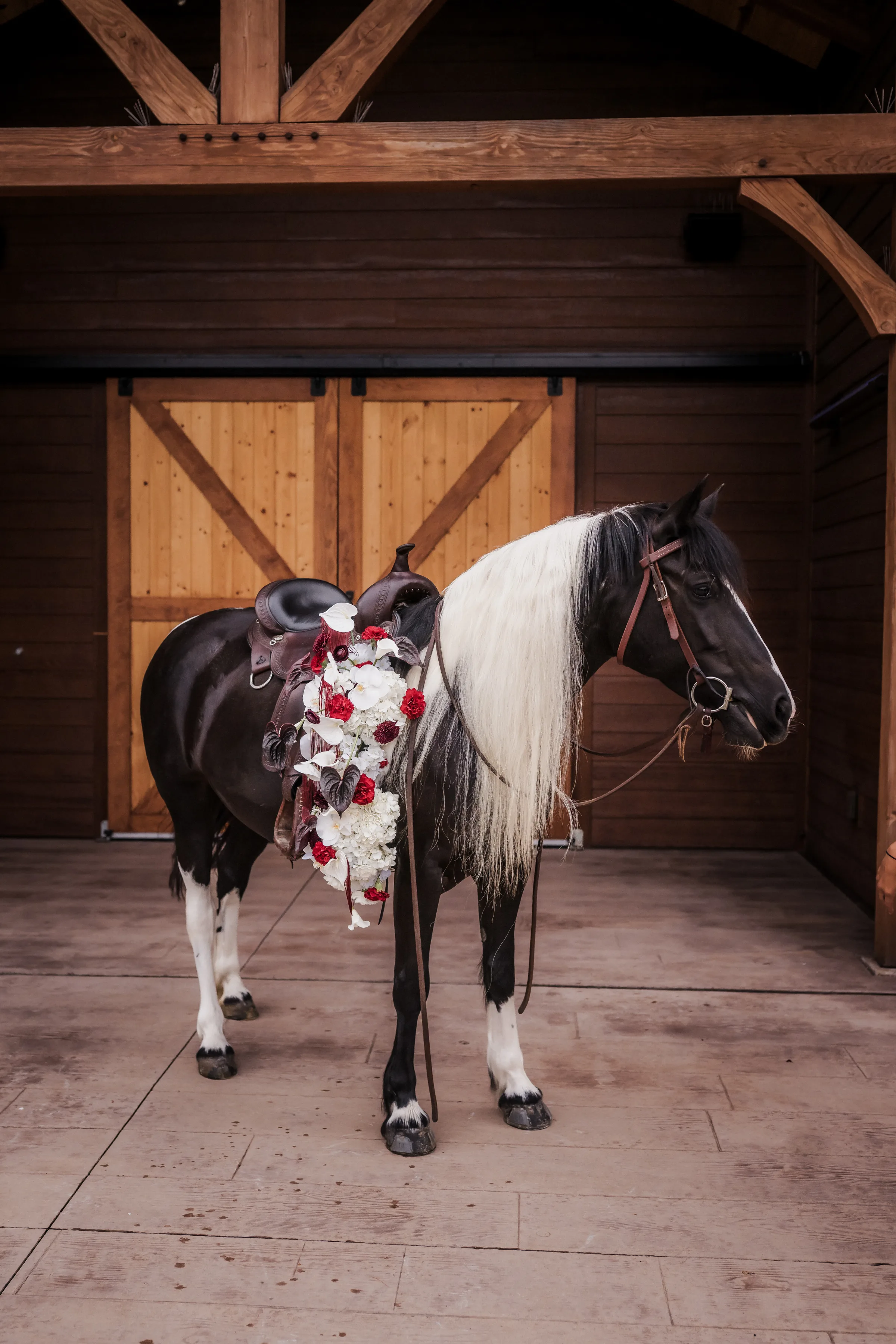 a horse model poses at Barnwood Events, wearing florals from Melody Rose Designs