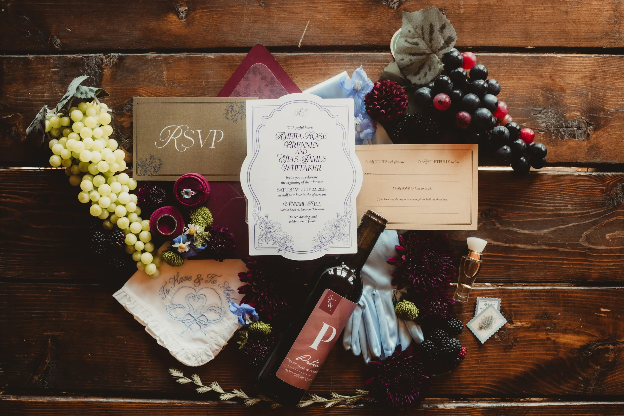 spiced garden party stationery suite inspiration by LK Bridal Studio, featuring a contour-cut invitation, an olive and brown RSVP, and burgundy envelope with floral illustration liner