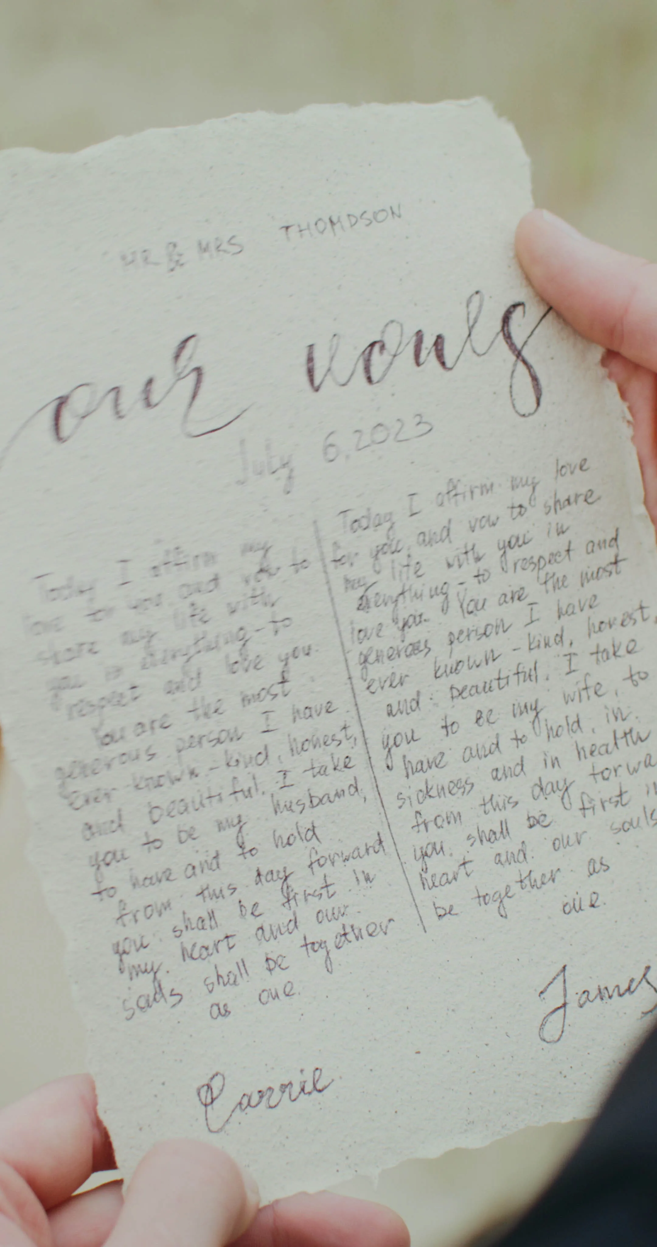 A sheet with a handwritten vow in the – Wedding.