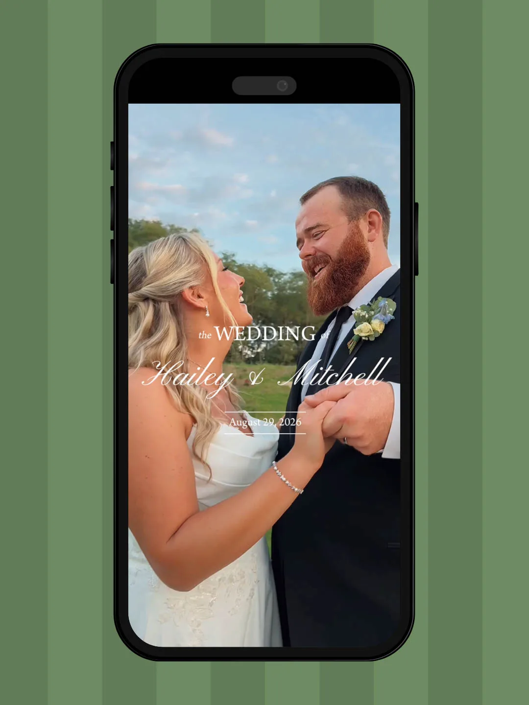 Wedding content iphone with photo of bride and groom with the words the Wedding of Hailey + Mitchell August 29, 2026 By Wi Do with Andrea