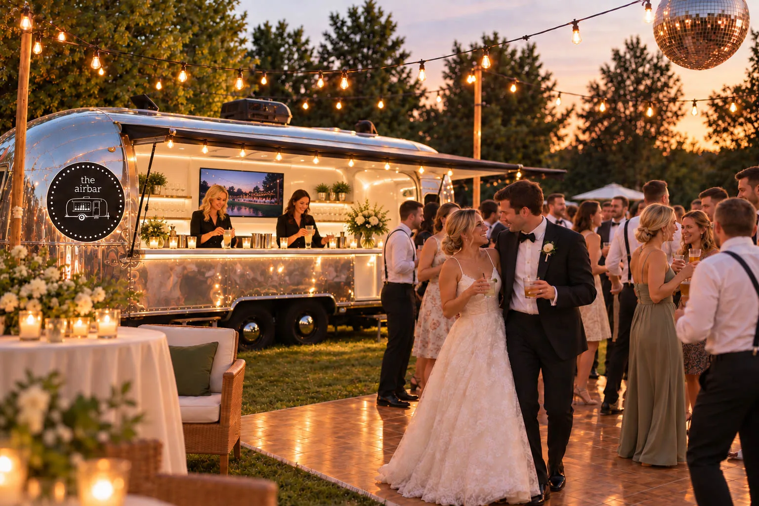 vibrant outdoor wedding reception scene featuring The Airbar, a polished silver vintage Airstream mobile bar with a prominent circular logo on the side. Two female bartenders serve cocktails from the glowing, lit-up service window, while a bride and groom smile at each other on an outdoor wooden dance floor in the foreground. Wedding guests mingle under warm patio string lights and a hanging disco ball at sunset.