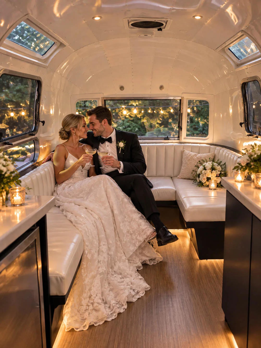 A warm, romantic photograph of a bride and groom clinking champagne glasses while relaxing inside the chic, white interior lounge of The Airbar, a luxury mobile Airstream in Madison, Wisconsin. The bride wears a lace wedding dress and the groom wears a classic black tuxedo, seated on curved white leather bench seating illuminated by warm ambient lighting, candle votives, and elegant floral bouquets, with patio string lights visible through the vintage windows.